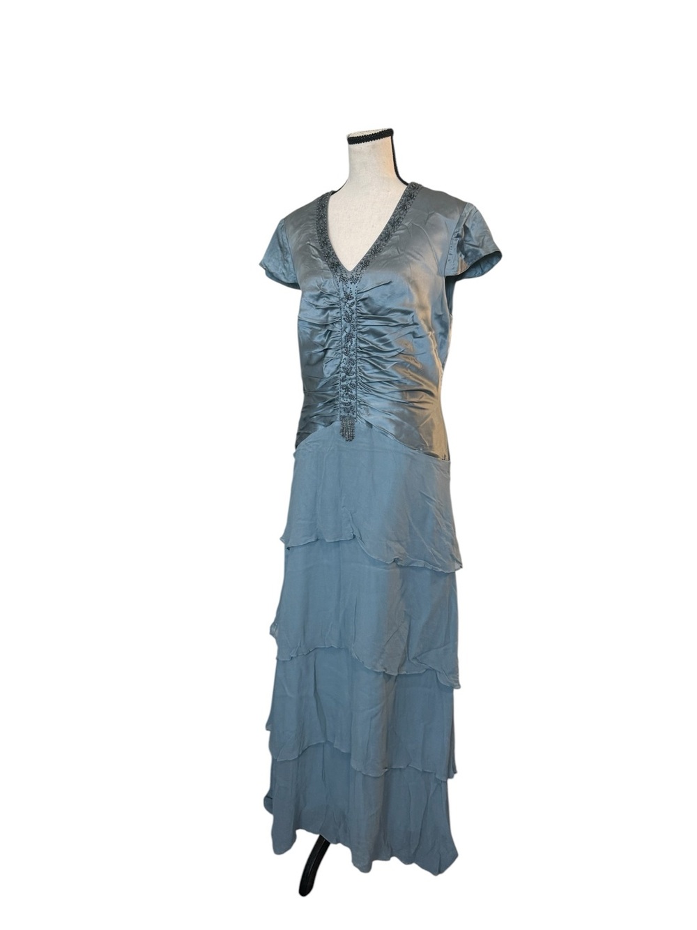 V-Neck Slate Blue Silk Tiered Maxi Dress